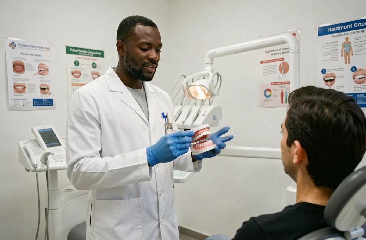 Alfred Ekouma, dentiste à Hautmont, présentant un modèle dentaire à un patient