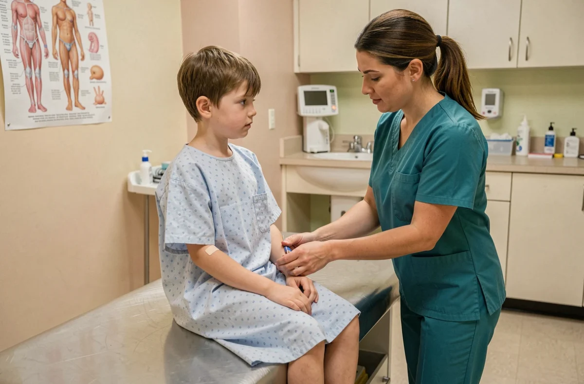 Jeune enfant lors d'une prise de sang en consultation pédiatrique avec une infirmière dans un cabinet médical