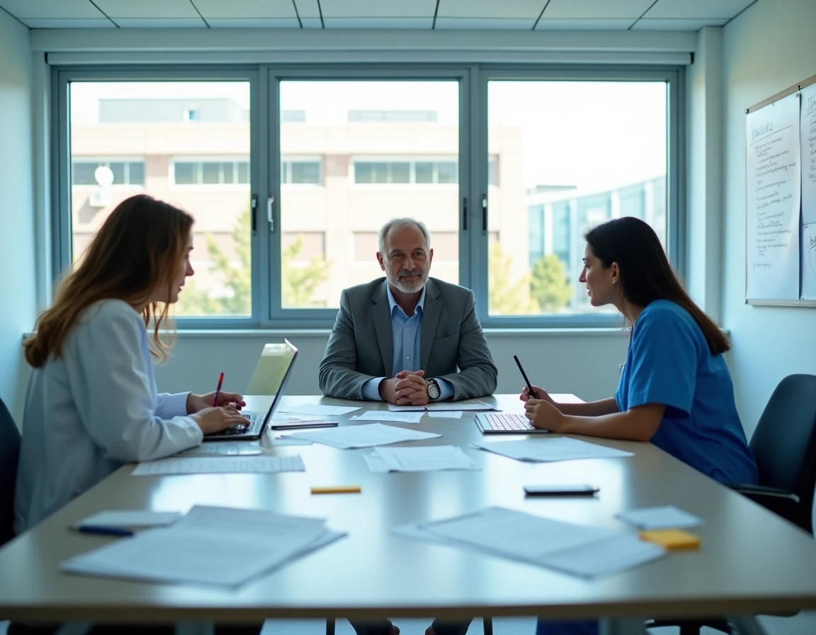 Équipe hospitalière en réunion de travail pour comprendre les impacts concrets de la loi Rist sur l'organisation des soins en 2026