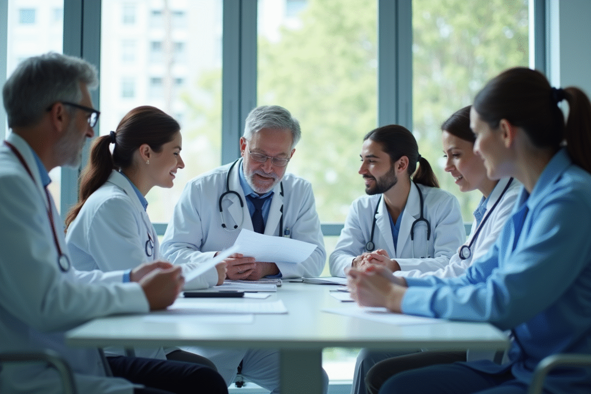 Équipe de professionnels de santé en réunion à l'hôpital