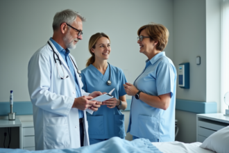 Professionnels de santé discutant autour d'un lit d'hôpital
