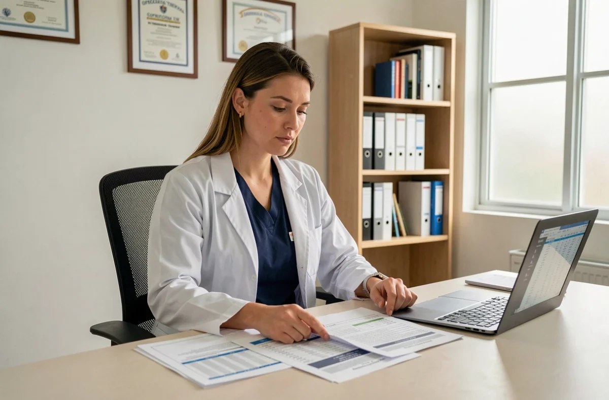 Ergothérapeute femme examinant des grilles salariales et documents de progression de carrière dans un cabinet de rééducation