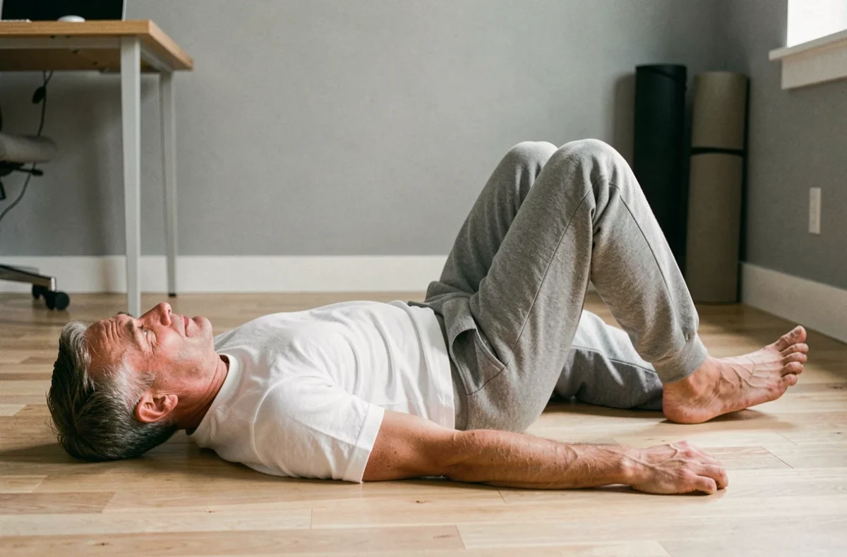Homme allongé au sol pratiquant l'étirement du piriforme pour soulager la sciatique
