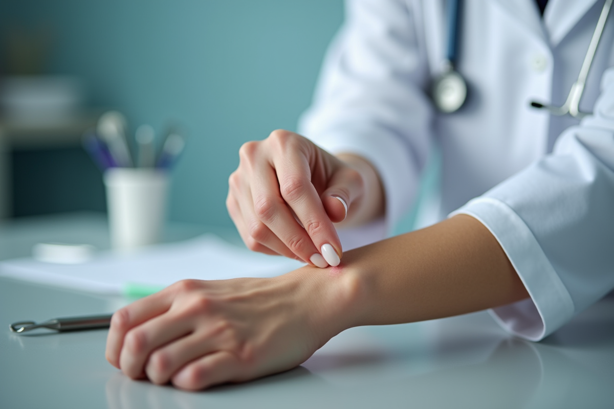 Gros plan sur la main du dermatologue examinant la peau saine du patient