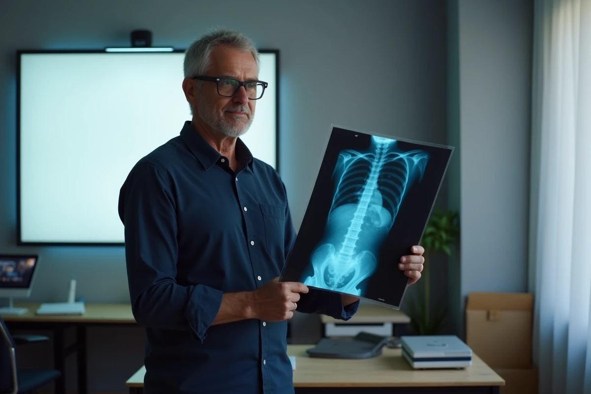 Homme examinant une ancienne radiographie sur un négatoscope dans un bureau à domicile lors d'un projet de numérisation d'archives médicales