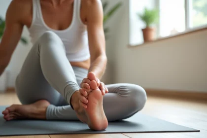 Femme effectuant un exercice d'étirement du pied pour soulager l'épine calcanéenne sur un tapis de yoga