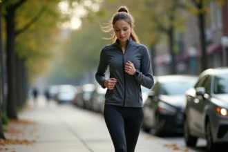 Femme sportive marchant dans la ville au matin
