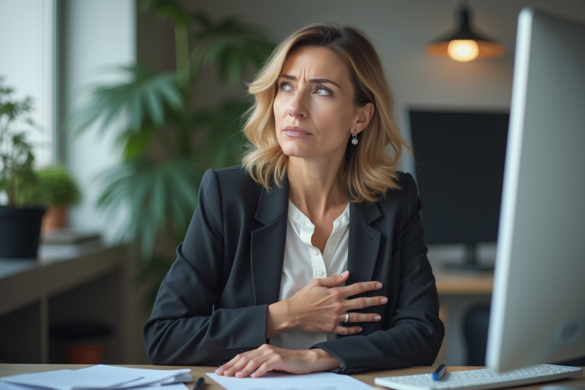 Femme d affaires en bureau avec expression inquiète