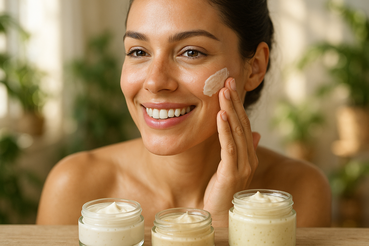Femme souriante appliquant une creme naturelle sur la joue avec des pots de soins autour