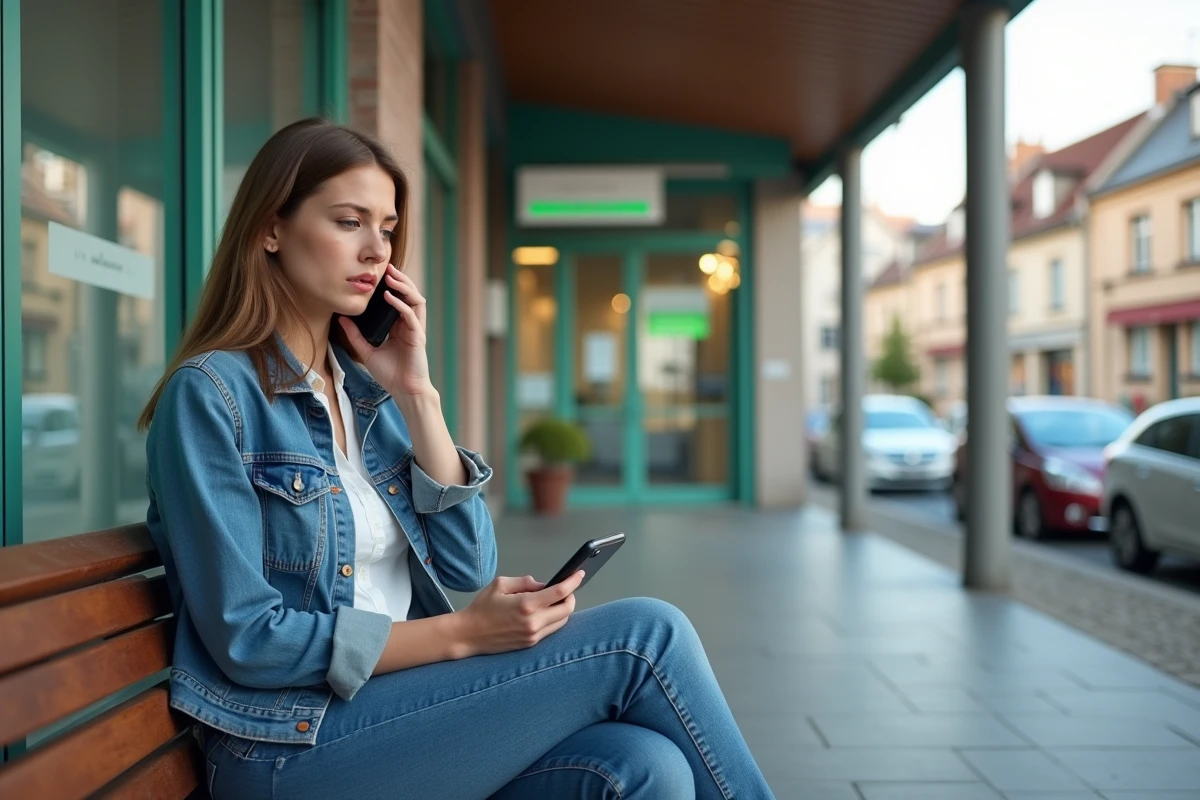 Jeune femme assise devant la clinique Montbrison avec son smartphone
