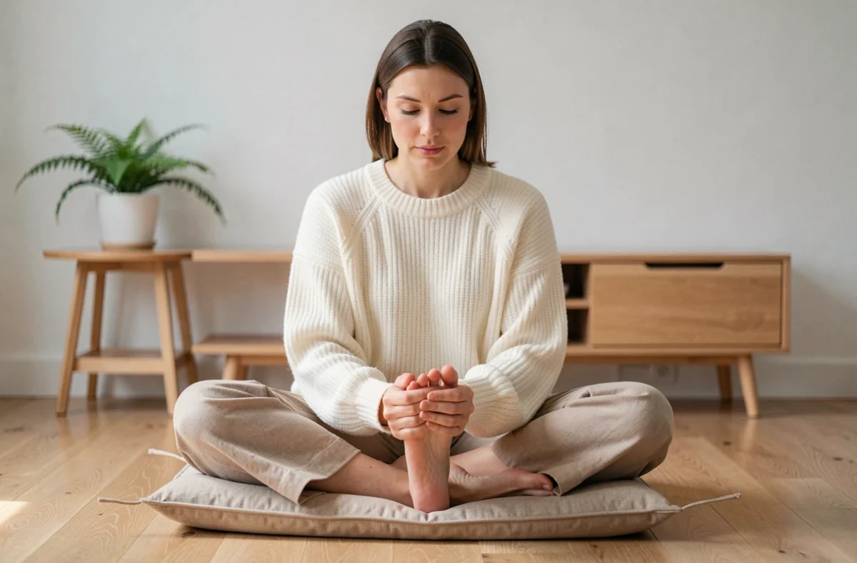 Femme pratiquant l'auto-réflexologie plantaire chez elle dans une atmosphère zen et introspective