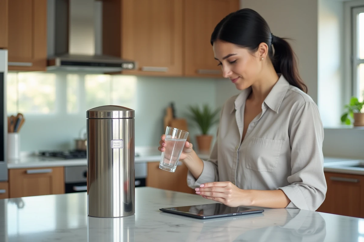 Femme lisant des avis sur un filtre Berkey dans une cuisine moderne avec comptoir en marbre