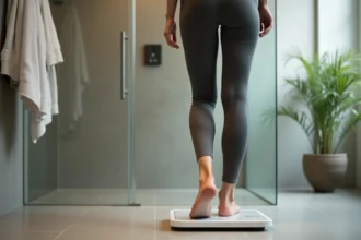 Femme mesurant sa composition corporelle dans la salle de bain