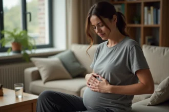 Femme souffrant de ballonnements et d'inconforts abdominaux assise sur un canapé, les mains sur le ventre