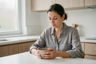 Femme pensive assise devant un bol vide dans une cuisine minimaliste, illustrant le jeûne et ses effets sur le métabolisme