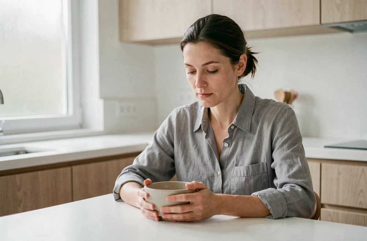 Femme pensive assise devant un bol vide dans une cuisine minimaliste, illustrant le jeûne et ses effets sur le métabolisme