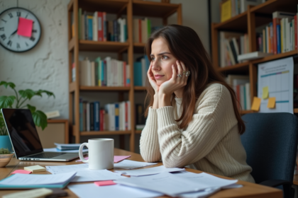 Jeune femme fatiguée au bureau désordonné