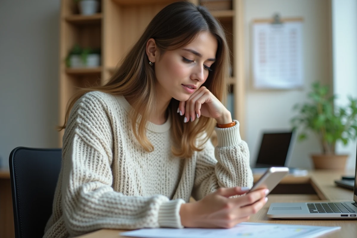 Femme avec pull dans un bureau en train de regarder son smartphone