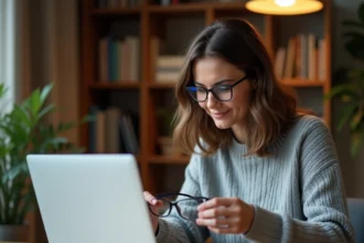 Femme comparant l'épaisseur de verres de lunettes grâce à une calculette en ligne sur ordinateur portable