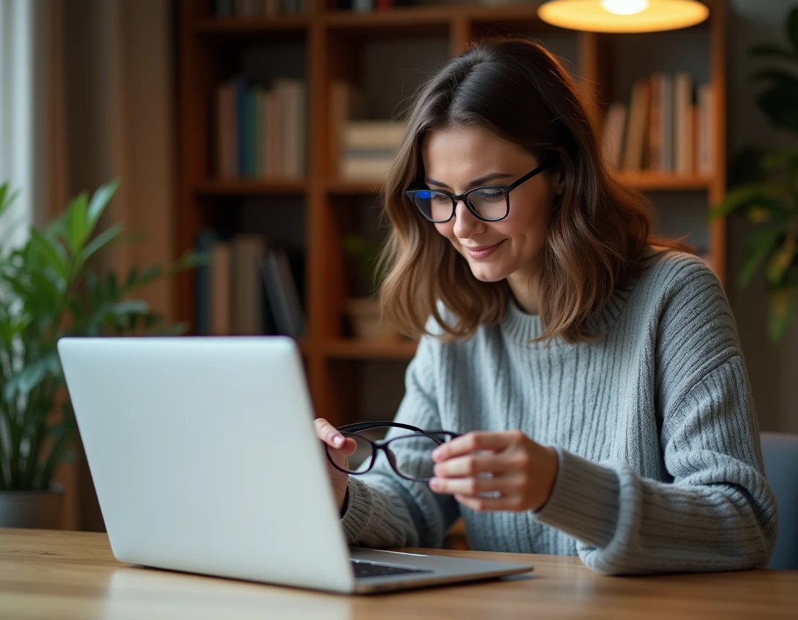 Femme comparant l'épaisseur de verres de lunettes grâce à une calculette en ligne sur ordinateur portable