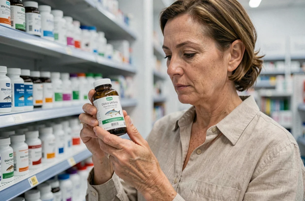 Femme lisant l'étiquette d'une bouteille d'huile de poisson oméga-3 dans une pharmacie