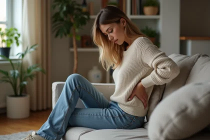 Femme assise sur un canapé dans un intérieur cosy