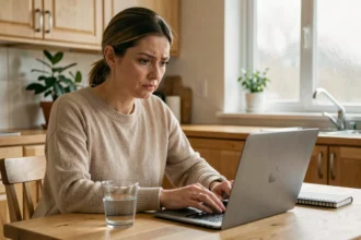 Femme consultant le site officiel Comme J'aime sur un ordinateur portable dans sa cuisine, l'air interrogateur face aux informations tarifaires