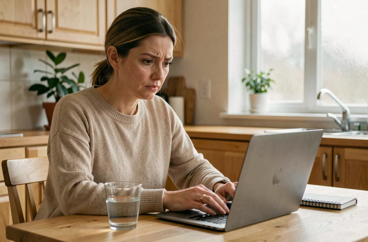 Femme consultant le site officiel Comme J'aime sur un ordinateur portable dans sa cuisine, l'air interrogateur face aux informations tarifaires