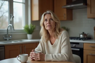 Femme en réflexion dans une cuisine moderne