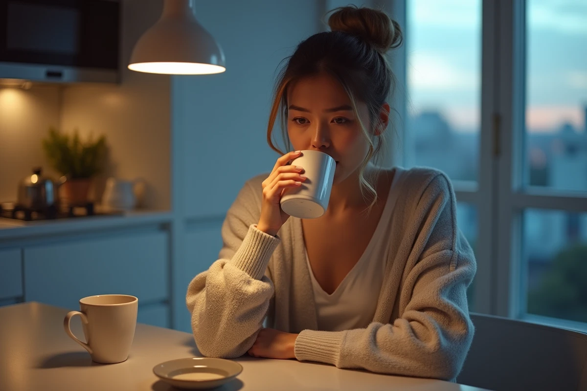 Jeune femme en loungewear sirotant de l