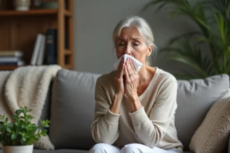 Femme d'âge moyen en détente à la maison toussant doucement