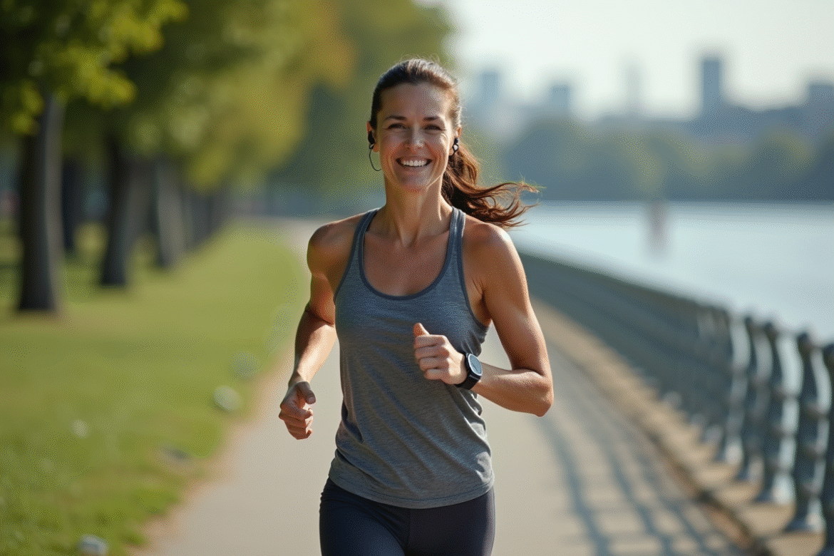 Femme en leggings courant au bord de la rivière en ville