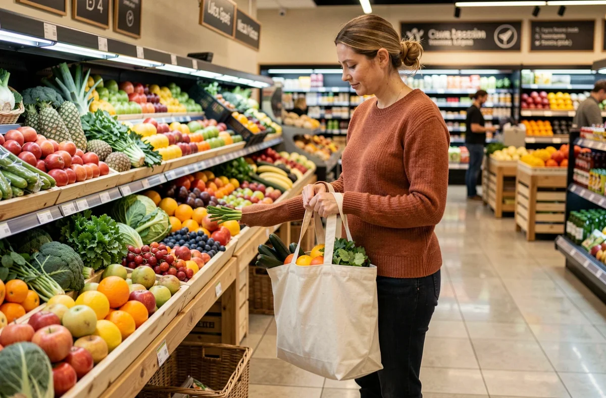 Femme choisissant des fruits et légumes frais au marché pour illustrer les bonnes habitudes alimentaires sans régime