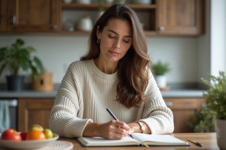 Femme assise à la cuisine en réfléchissant