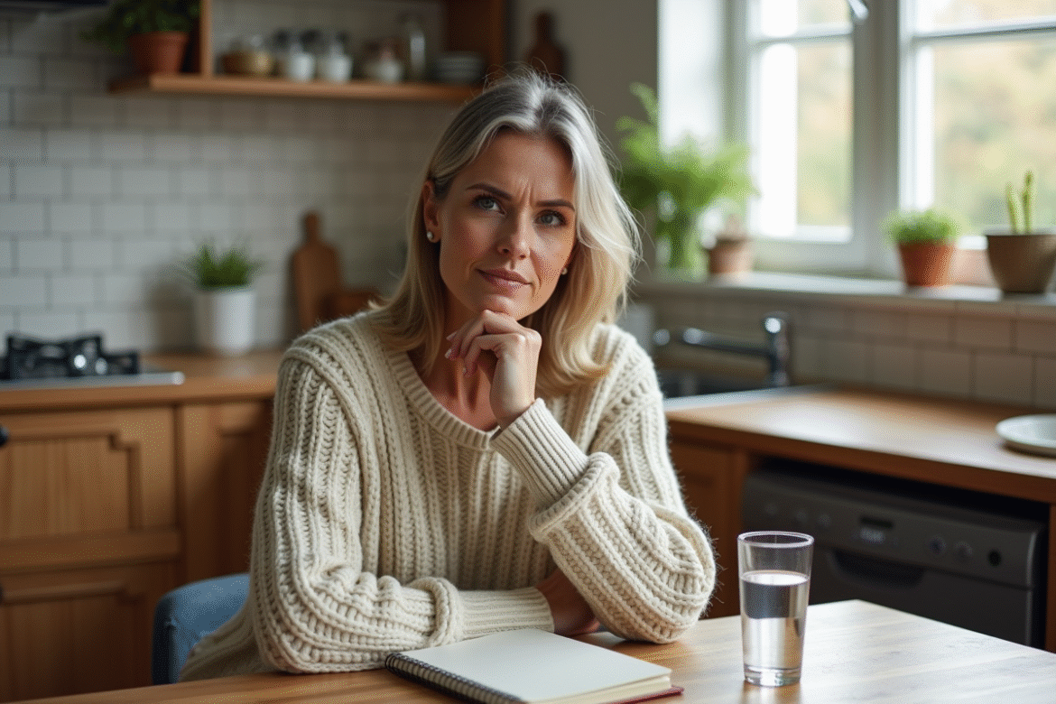 Femme pensant dans sa cuisine chaleureuse et cosy