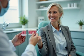 Femme d'affaires souriante dans un cabinet dentaire moderne