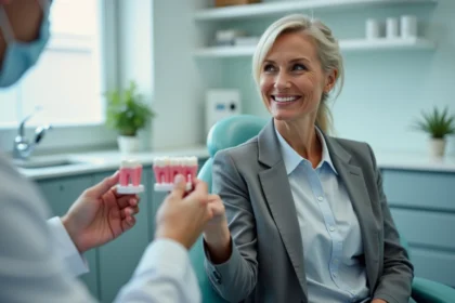 Femme d'affaires souriante dans un cabinet dentaire moderne