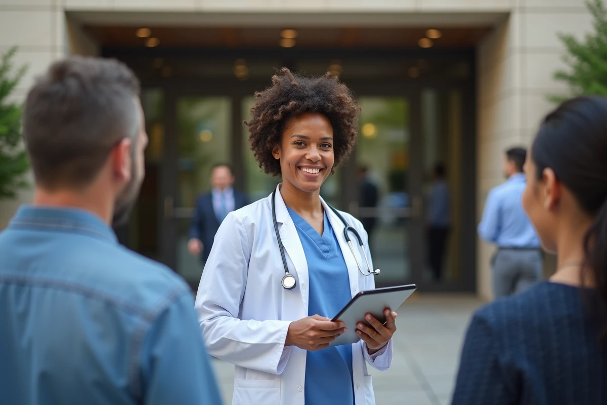 Femme médecin accueillant des patients devant l