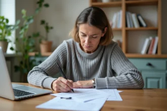 Femme d'âge mûr remplissant un dossier MDPH pour discopathie à son bureau à domicile