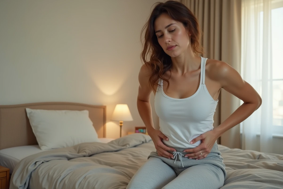 Jeune femme assise sur son lit tenant son bas-ventre avec une expression de douleur discrète, symbolisant les symptômes silencieux des mycoplasmes féminins