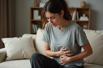 Femme assise sur un canapé tenant son côté douloureux après un faux mouvement, côte déplacée à la maison