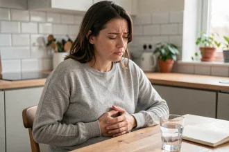 Femme tenant son ventre avec une expression d'inconfort lié aux troubles digestifs et à l'intestin irritable