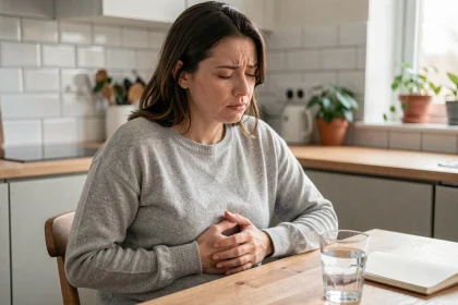 Femme tenant son ventre avec une expression d'inconfort lié aux troubles digestifs et à l'intestin irritable