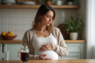 Femme enceinte dans la cuisine moderne et lumineuse