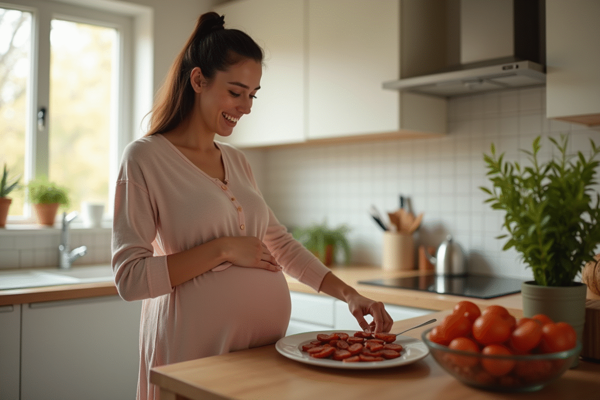 Femme enceinte préparant du chorizo dans la cuisine lumineuse