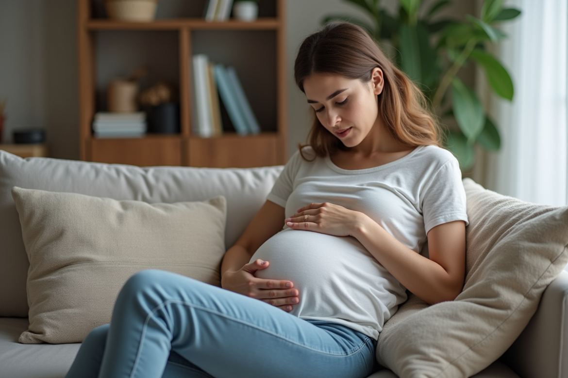 Femme enceinte assise sur un canapé à la maison