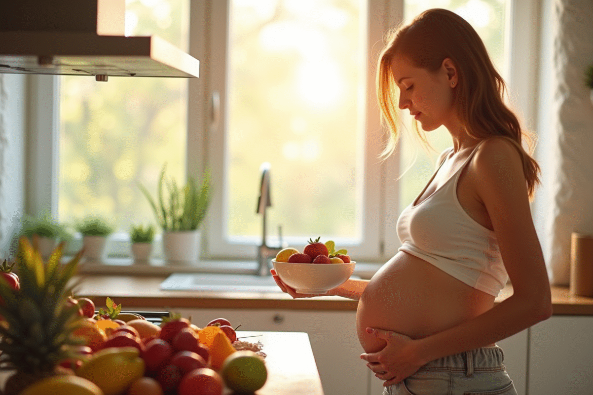Femme enceinte tenant un bol de fruits frais dans une cuisine lumineuse