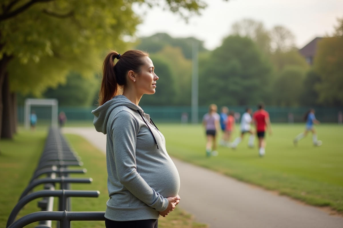 Femme enceinte dans un parc regardant un match de football