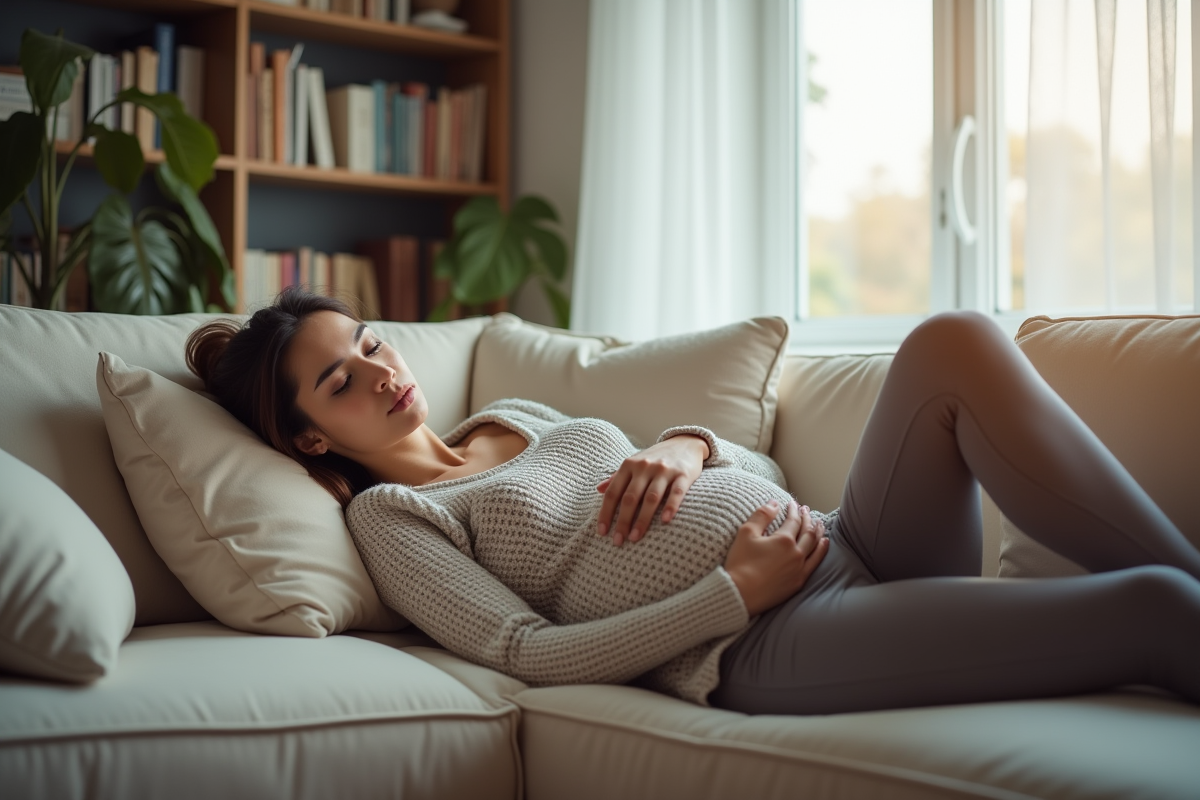 Femme enceinte se réveillant doucement sur le canapé