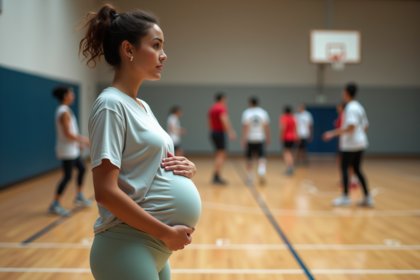 Femme enceinte en gymnase observant un match de sport